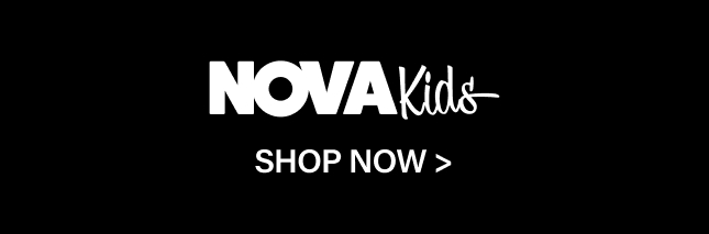 Bold white Nova Kids logo and Shop Now call to action on a black background, promoting the latest children's fashion and clothing collection.