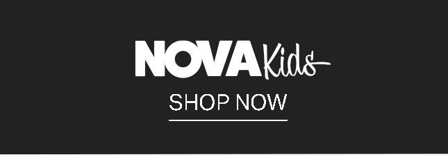 White NOVA Kids logo on a dark background with an underlined SHOP NOW text inviting shoppers to browse trendy children's clothing.