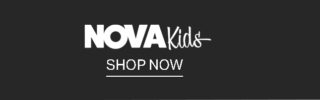 White Nova Kids logo above an underlined Shop Now link on a dark gray background, inviting users to browse children's fashion.