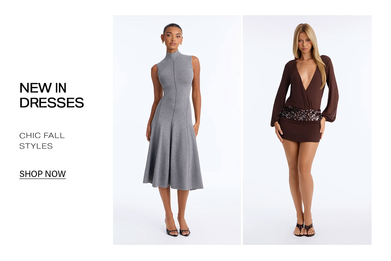 New in dresses promotional banner featuring a grey high-neck midi dress and a brown V-neck mini dress showcasing chic fall styles to shop now.