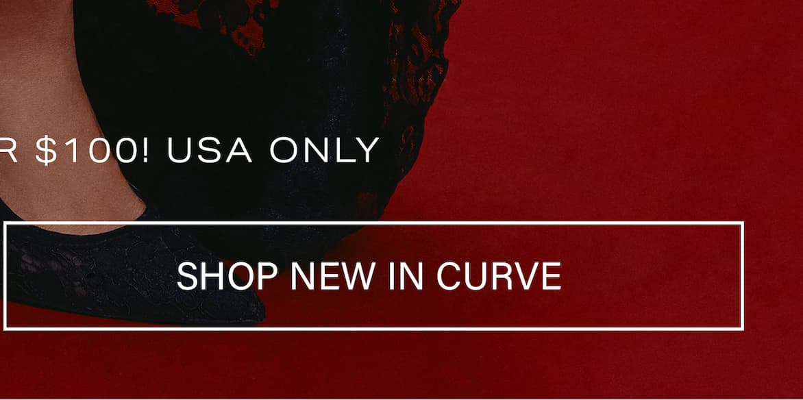 Dark red banner features a leg in black lace hosiery, promoting the new curve collection. "SHOP NEW IN CURVE" button. 