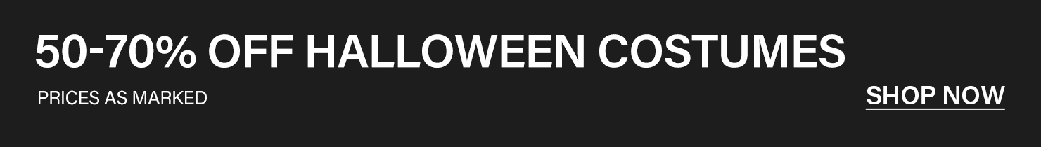 Black promotional banner with white text advertising 50-70% off Halloween costumes, marked prices, and a Shop Now call to action.