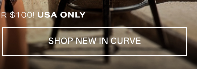 Dark wooden stool legs on a warm beige background promoting a new plus-size curve fashion collection with a Shop New in Curve button.