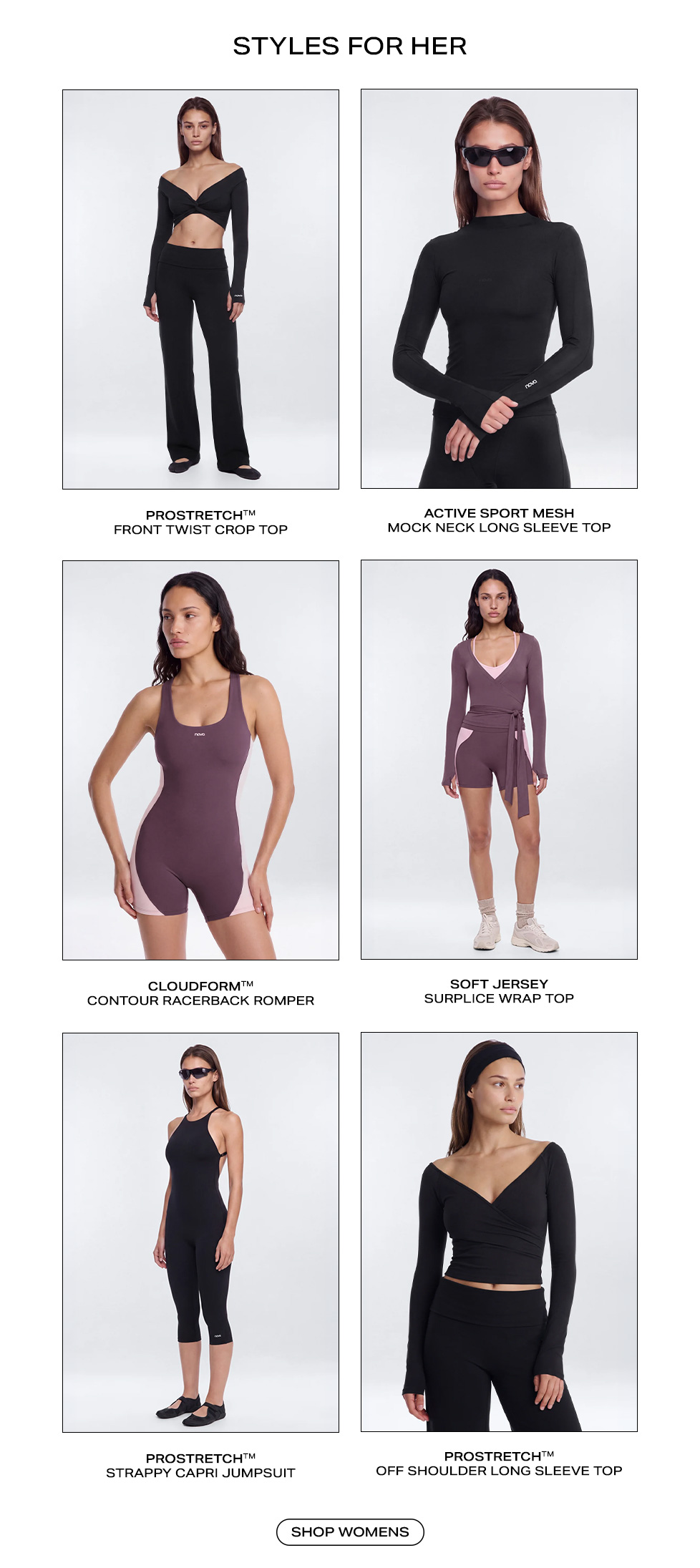 Grid showcase of women's activewear featuring models in sleek black and mauve crop tops, rompers, and jumpsuits for the Styles for Her collection.