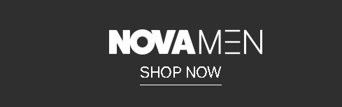 White 'NOVA MEN' logo with 'SHOP NOW' CTA on a dark gray background. Click to explore the latest men's fashion styles.