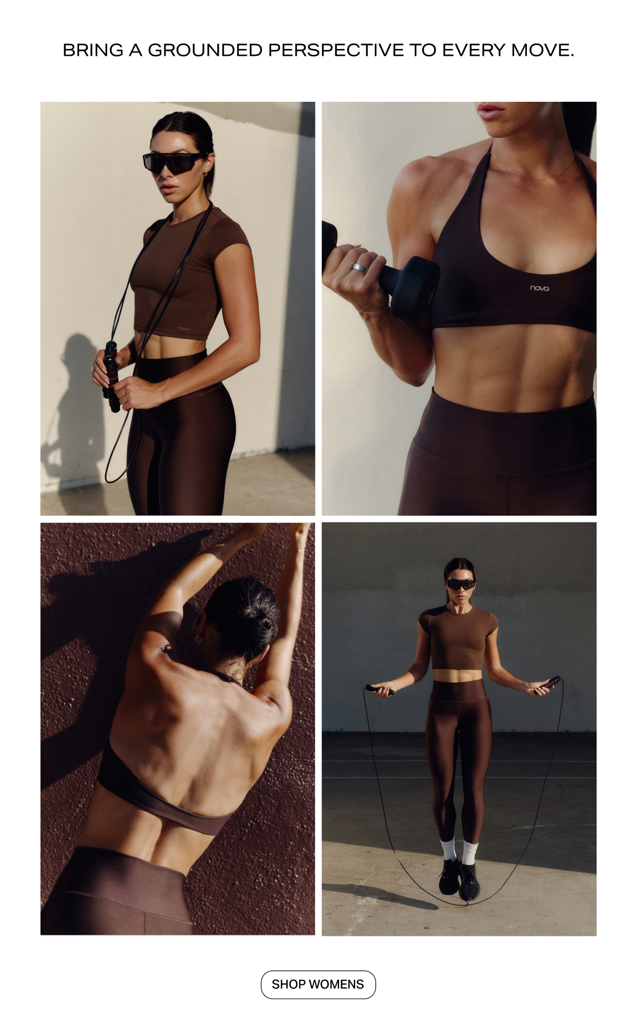 Collage of an athletic woman in a dark brown activewear set with leggings and sports bra, jumping rope and lifting weights for Nova apparel.