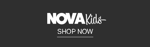White "NOVA Kids" logo with a "SHOP NOW" call to action on a dark grey background, featuring the latest children's apparel.