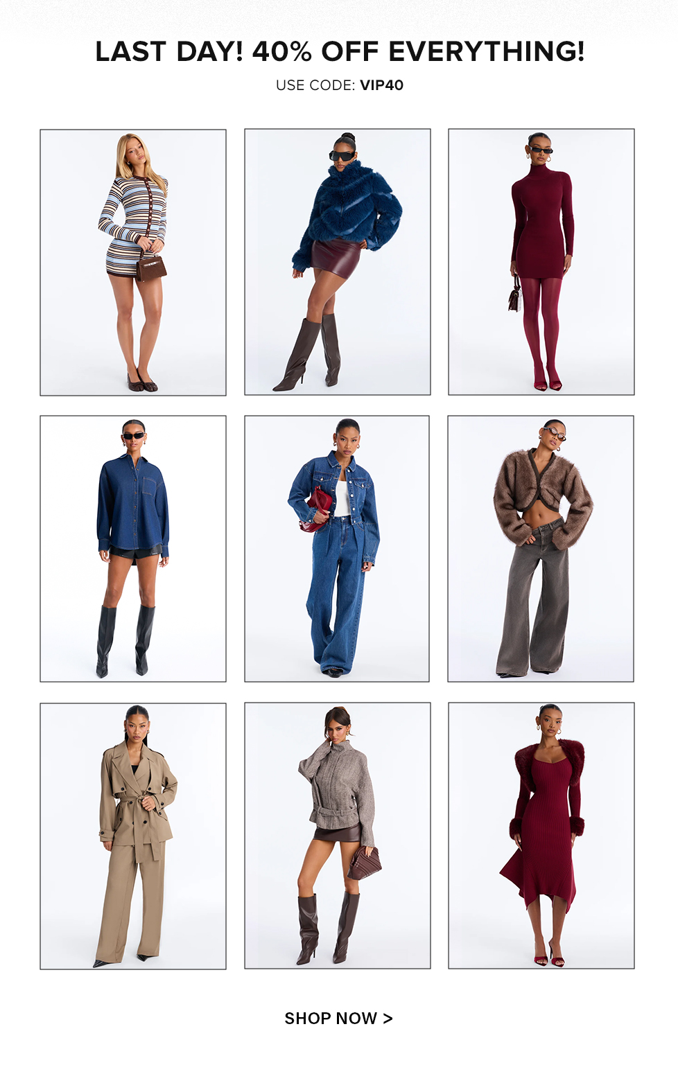 Promotional banner for 40% off sale with code VIP40, featuring a grid of models in trendy fall women's outfits, dresses, and jackets.