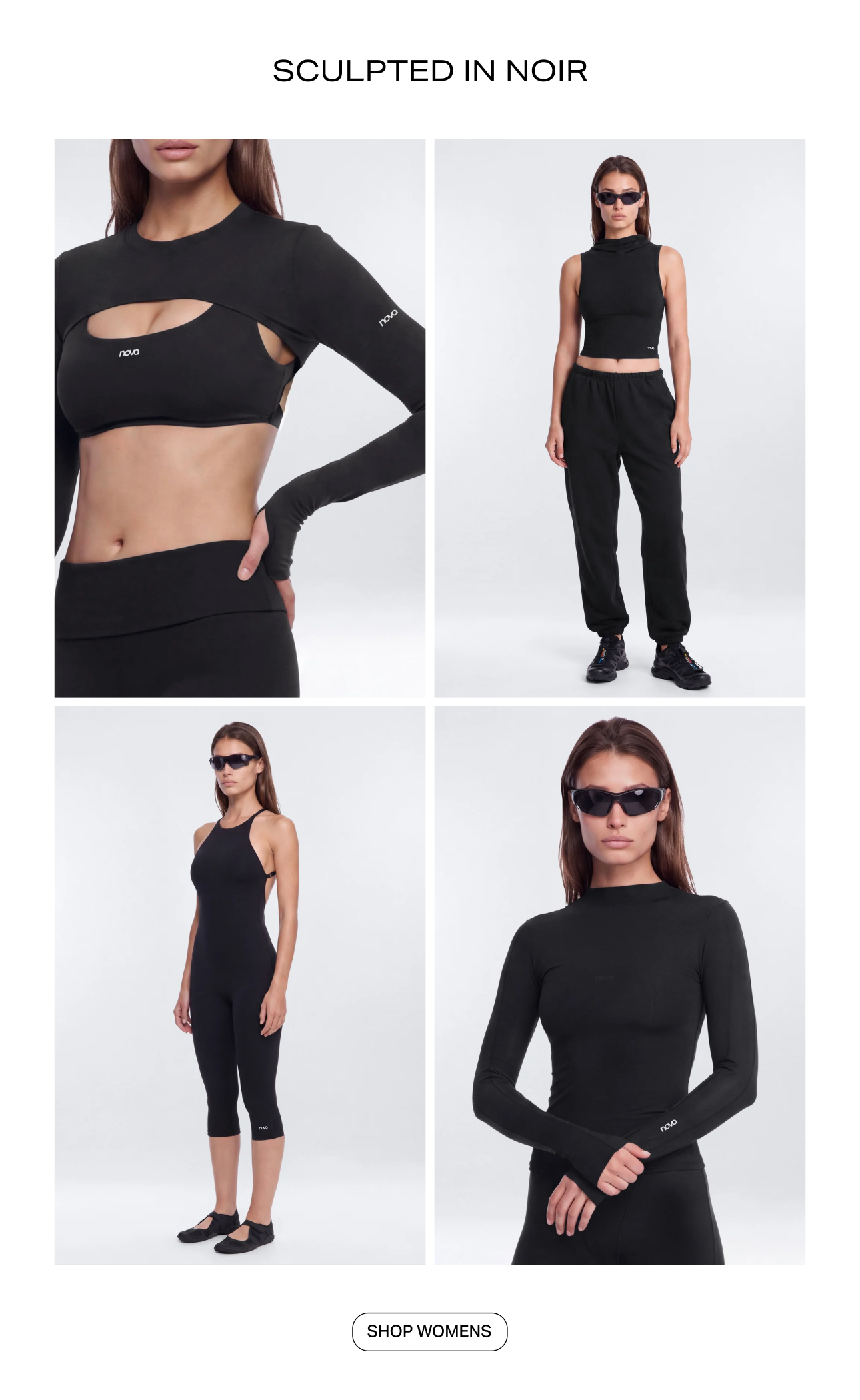 Four-image lookbook showcasing all-black tops, jumpsuits, and sweatpants from the Nova Sculpted in Noir women's activewear collection.