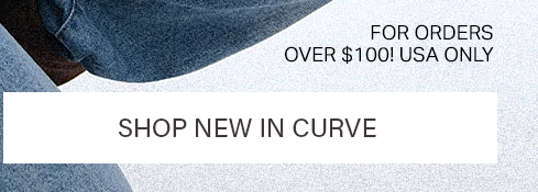 Blue denim clothing. "SHOP NEW IN CURVE" button promotes new arrivals in curve fashion. Free shipping on US orders over $100.