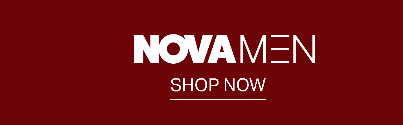 NOVA MEN white logo and "SHOP NOW" on a maroon background. Discover the latest in men's fashion and new men's clothing collection.