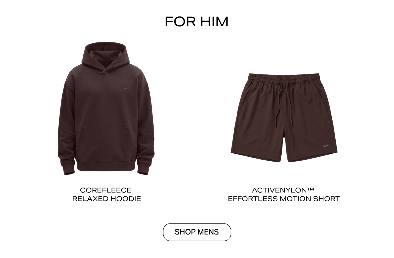 Dark brown men's fleece hoodie and matching nylon shorts featured in a For Him category showcase promoting the shop men's collection.