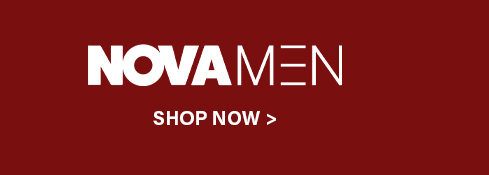 White Nova Men logo with a Shop Now link set on a deep red background, inviting users to browse the men's fashion collection.
