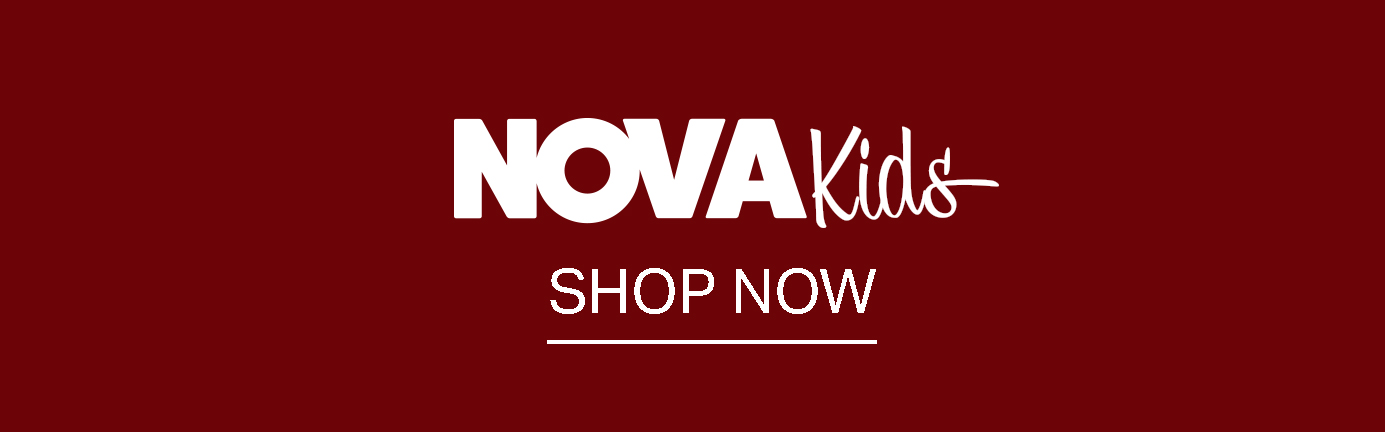 Nova Kids logo with "SHOP NOW" call to action on a deep red background. Discover the latest children's clothing & stylish kids' fashion.