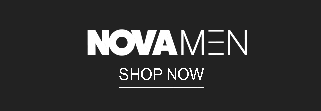 Bold white NovaMen logo with underlined Shop Now button text on a dark background promoting the men's apparel fashion category.