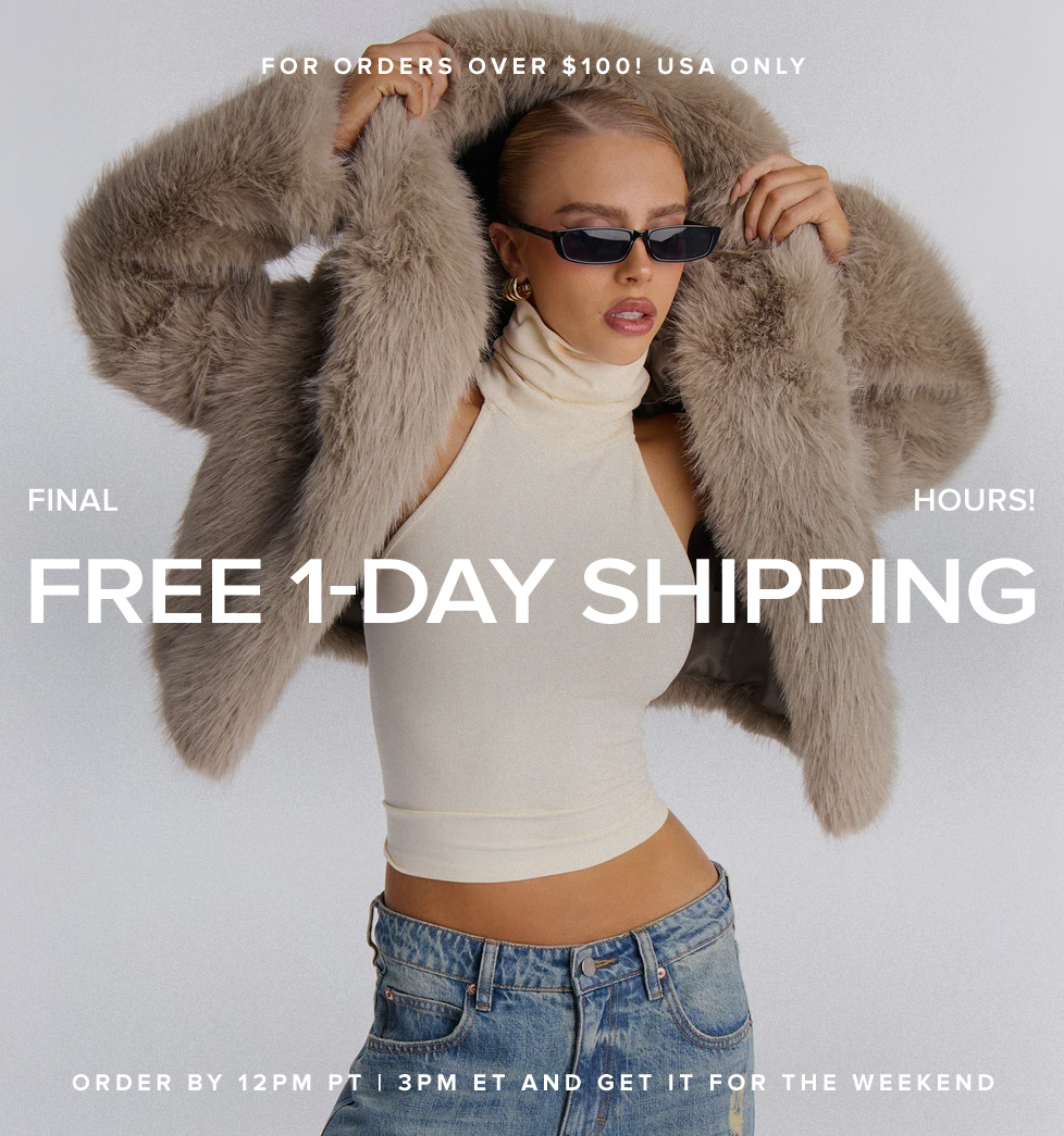 Model wearing a beige plush fur coat promoting final hours of free 1-day shipping on USA orders over $100 for weekend delivery.