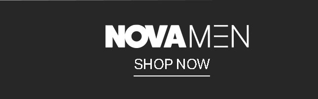 Bold white NOVAMEN text logo on a dark background with an underlined Shop Now call to action to explore the men's fashion line.
