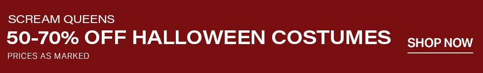 Dark red banner promoting a Scream Queens sale with white text reading 50-70% off Halloween costumes, prices as marked, and a Shop Now button.