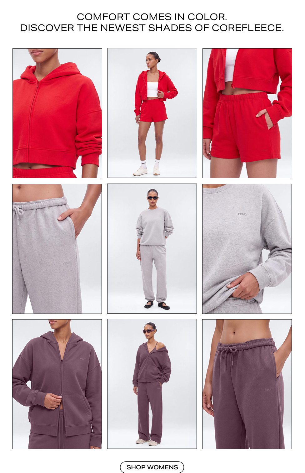 Models showcase the new women's CoreFleece collection featuring bright red, light grey, and deep plum hoodies, sweatpants, and shorts.