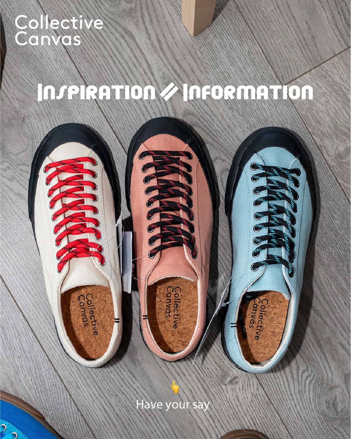 Three canvas sneaker samples: ecru with red laces, clay and sky blue