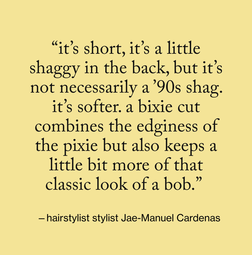 “It’s short, it’s a little shaggy in the back, but it’s not necessarily a ’90s shag. It’s softer. A bixie cut combines the edginess of the pixie but also keeps a little bit more of that classic look of a bob.”&nbsp;