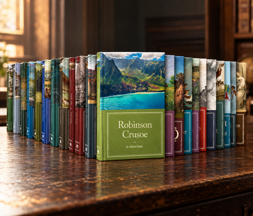 Boxed sets of Christian classics on a reading table