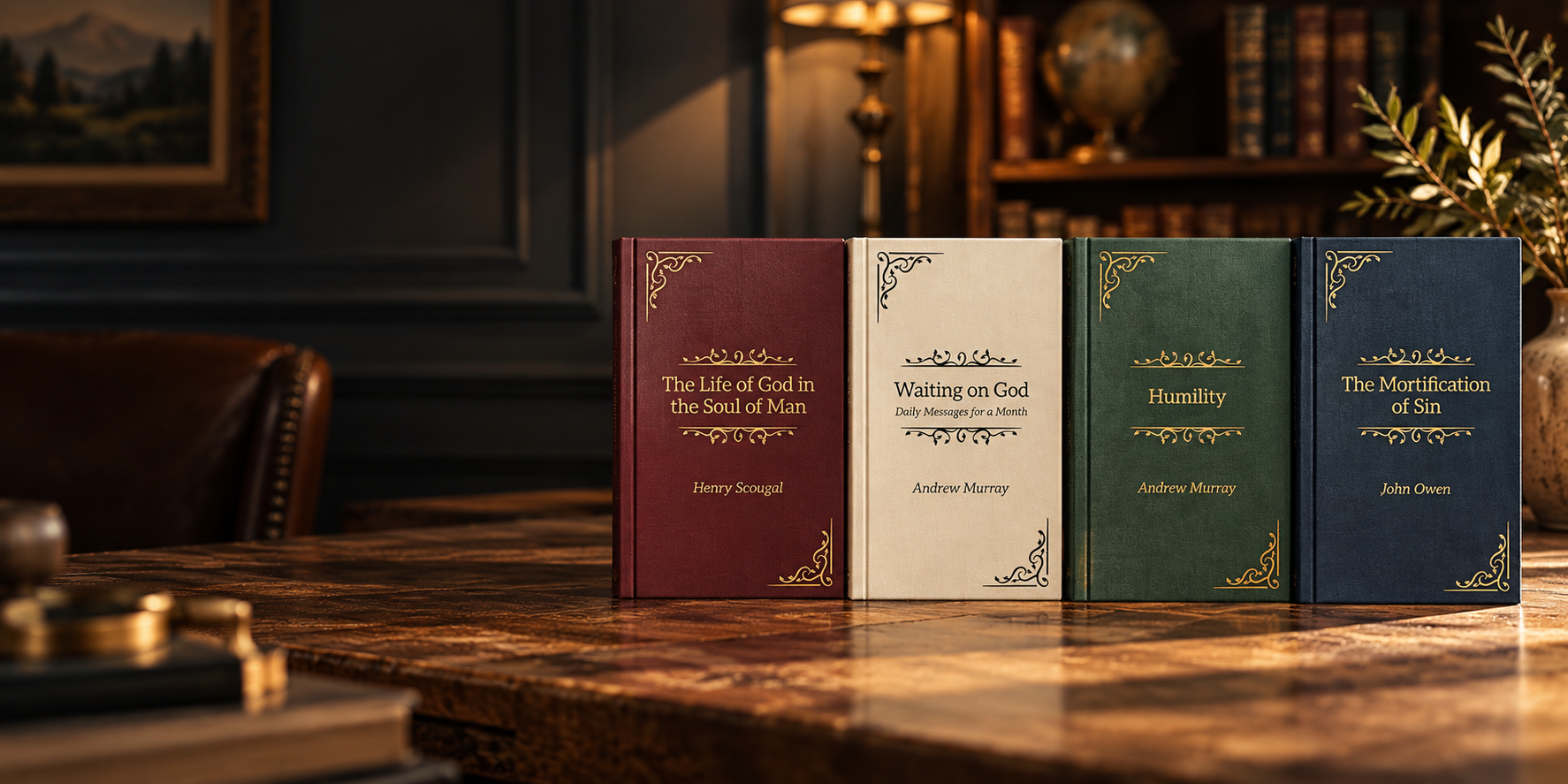 The four Timeless Inspirational Classics hardcovers on a wooden table