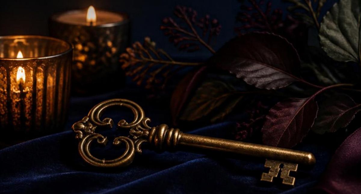 Clé ancienne sur velours bleu nuit, à la lueur des bougies
