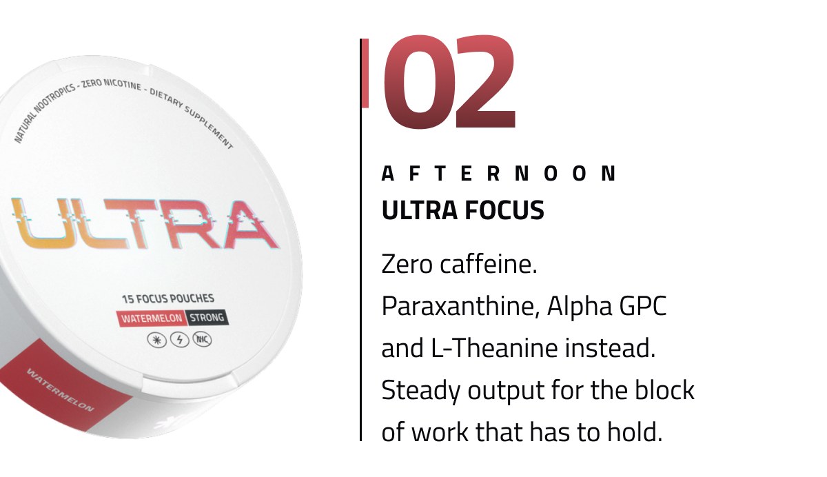 02 Afternoon Ultra Focus Zero Caffeine. Paraxanthine, Alpha Gpc And L-theanine Instead. Steady Output For The Block Of Work That Has To Hold.