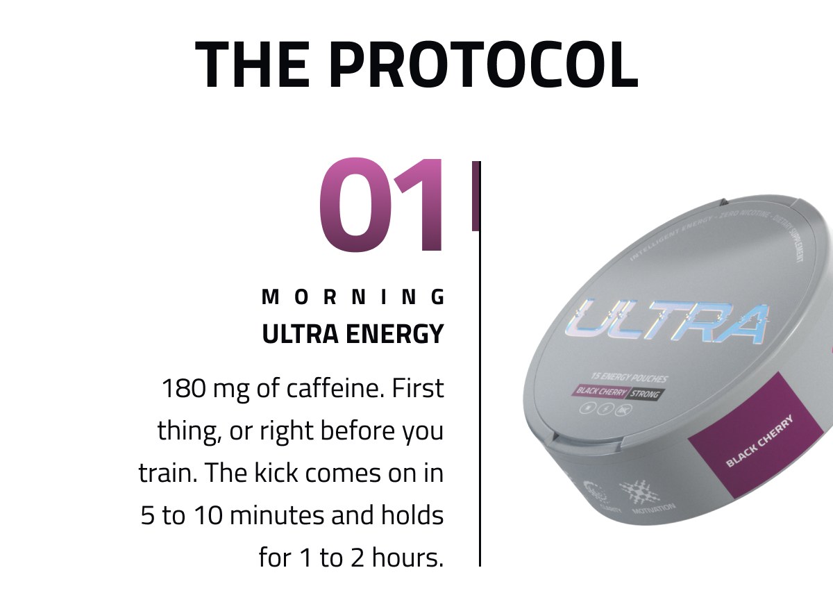 The Protocol 01 Morning Ultra Energy 180 Mg Of Caffeine. First Thing, Or Right Before You Train.