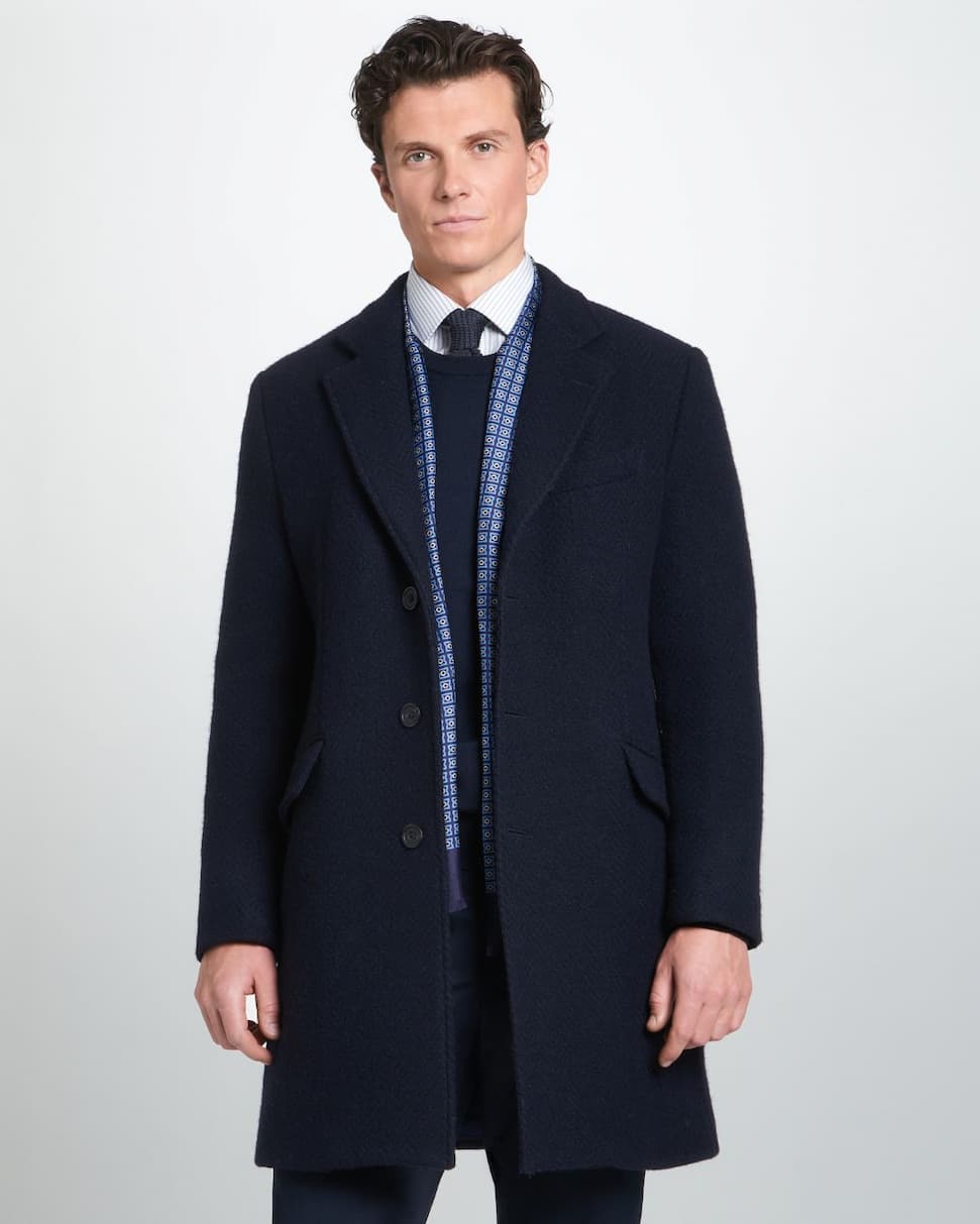 Navy Blue British Wool Herringbone Notch Lapel Overcoat