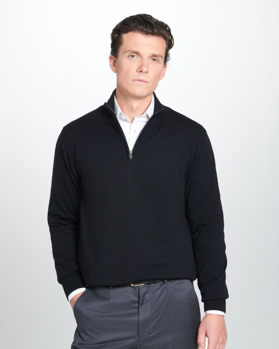 Black Merino Wool Zip Neck Sweater