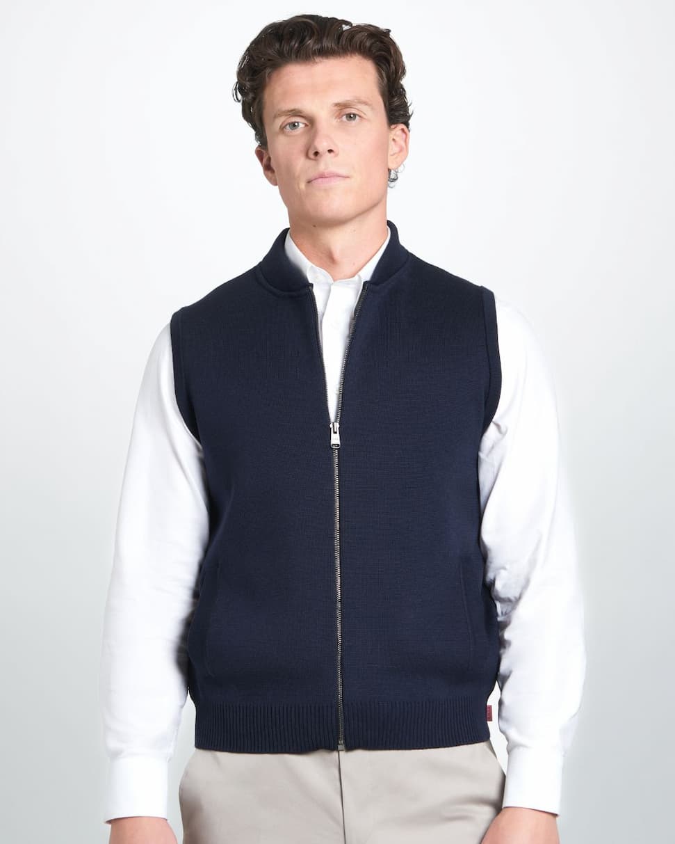 Navy Blue Knitted Merino Wool Zipper Gilet