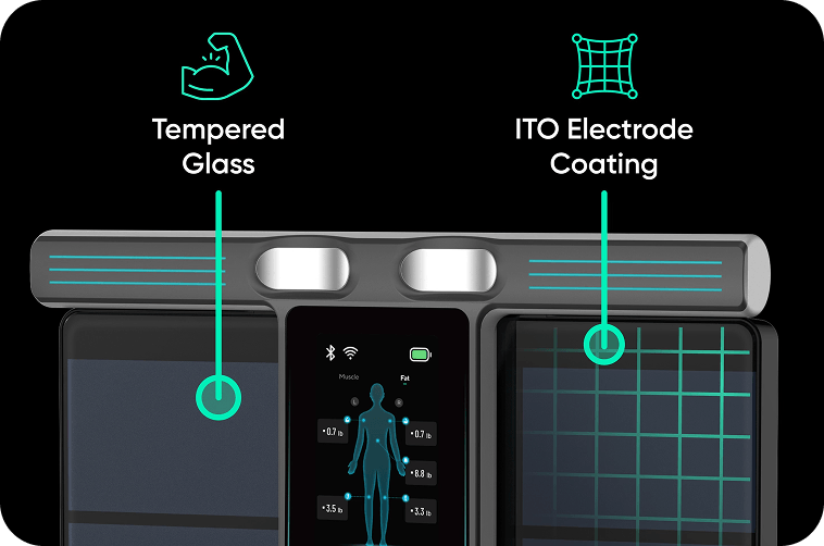 Scale Ultra BodyScan Plus is made of tempered glass and coated with ITO electrodes for more accurate measurement.