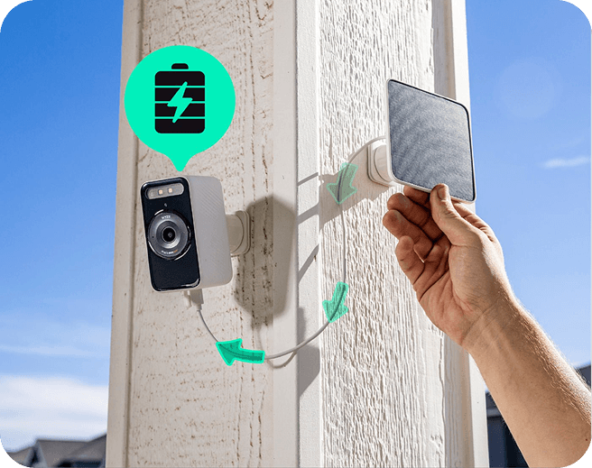 The detachable solar panel keeps Solar Cam charged with one hour of sunlight.