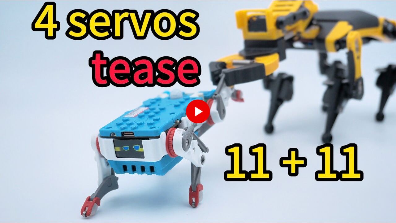A tiny, agile four-servo *Quaddle* robot outmaneuvers and escapes two larger *Bittle* robots through quick, dynamic movements.