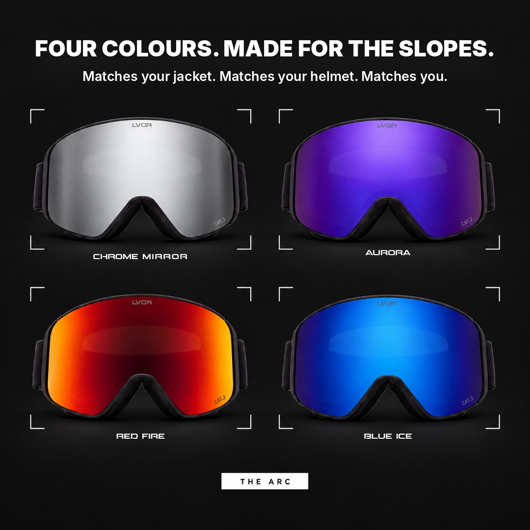 The Arc ski goggles in four colours: Chrome Mirror, Aurora, Red Fire, Blue Ice