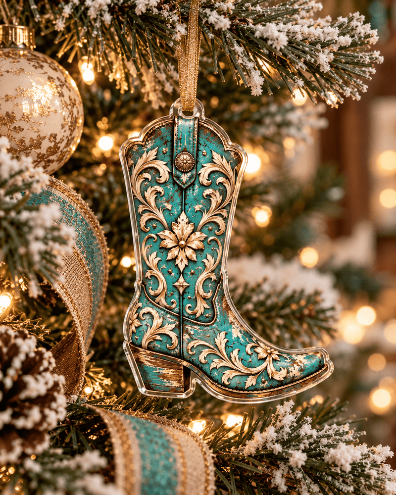Turquoise cowboy boot acrylic ornament hanging on a Christmas tree