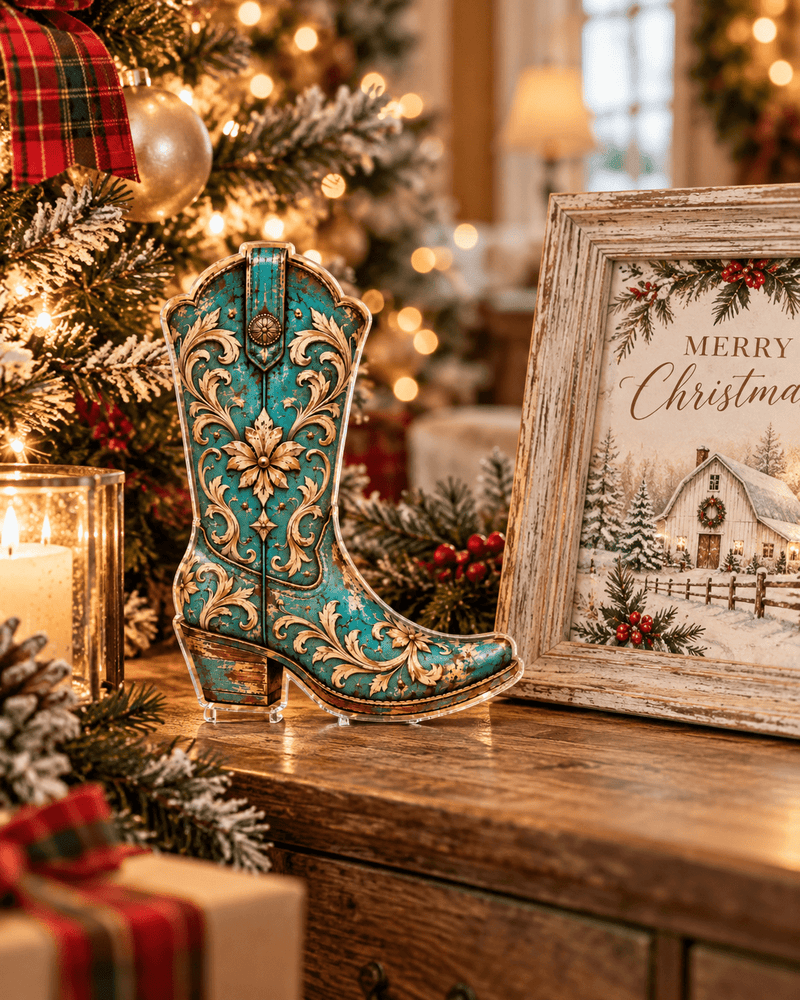 Turquoise cowboy boot acrylic art block on a rustic mantel