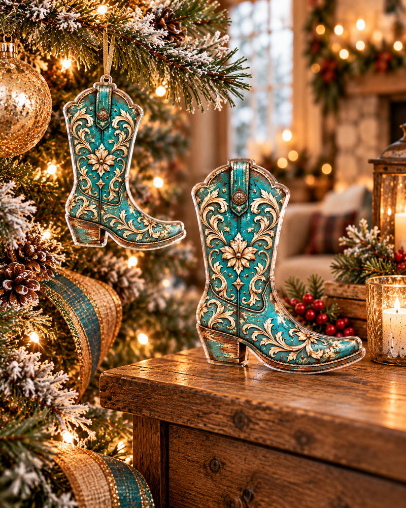 Blessed Boot gift set: ornament on the tree and art block on a rustic table