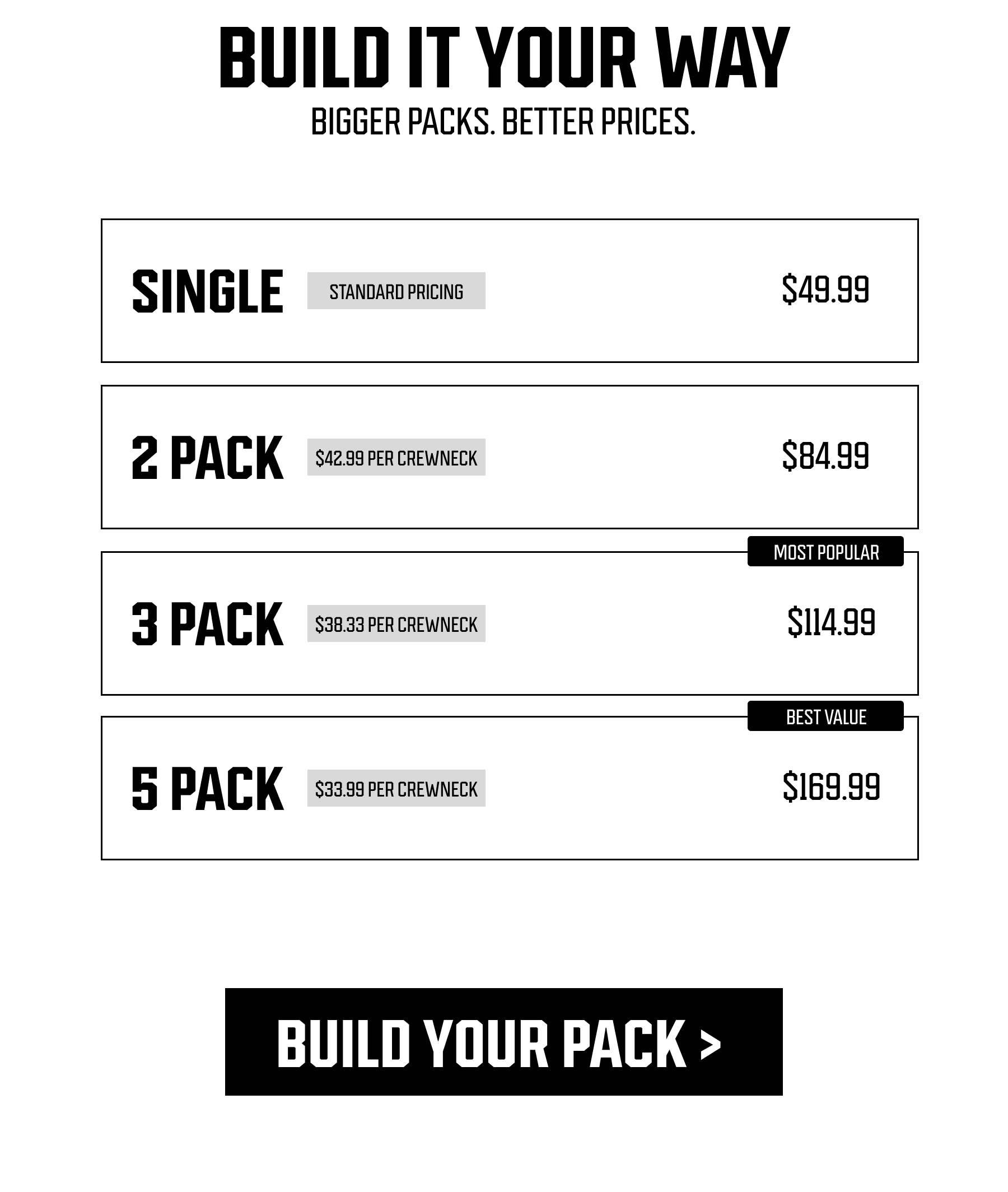 BUILD IT YOUR WAY BIGGER PACKS. BETTER PRICING - BUILD YOUR PACK >