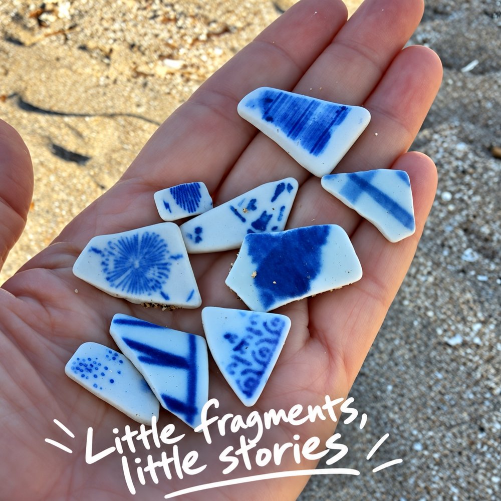 Blue-and-white pottery fragments collected on the beach