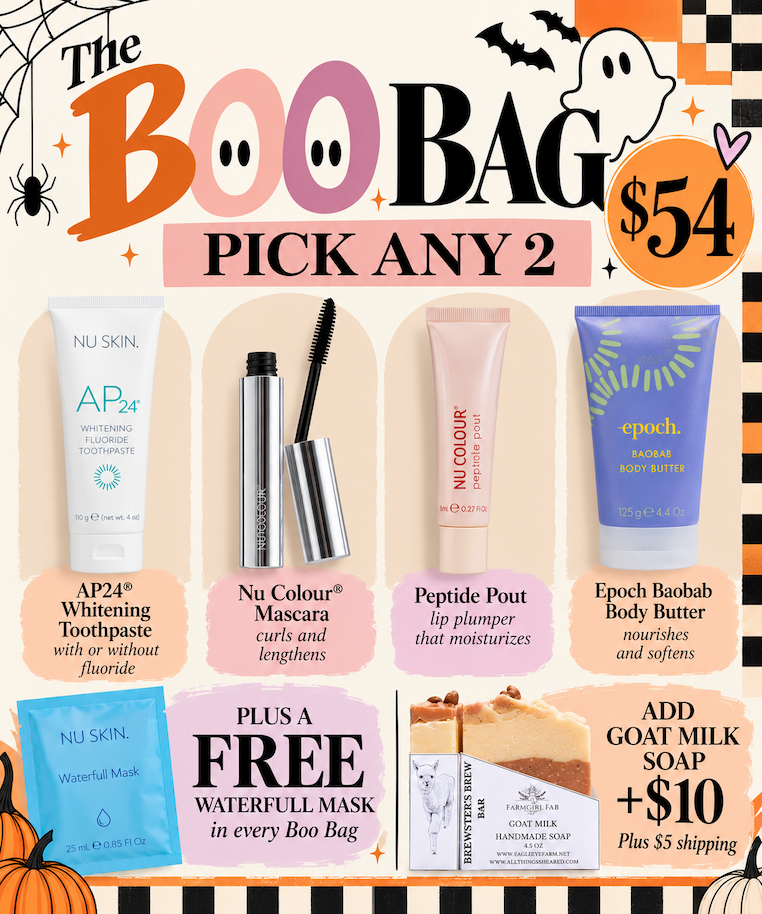 The Boo Bag, $54: pick any 2 Nu Skin favorites, plus a free Waterfull Mask. Add goat milk soap for $10.