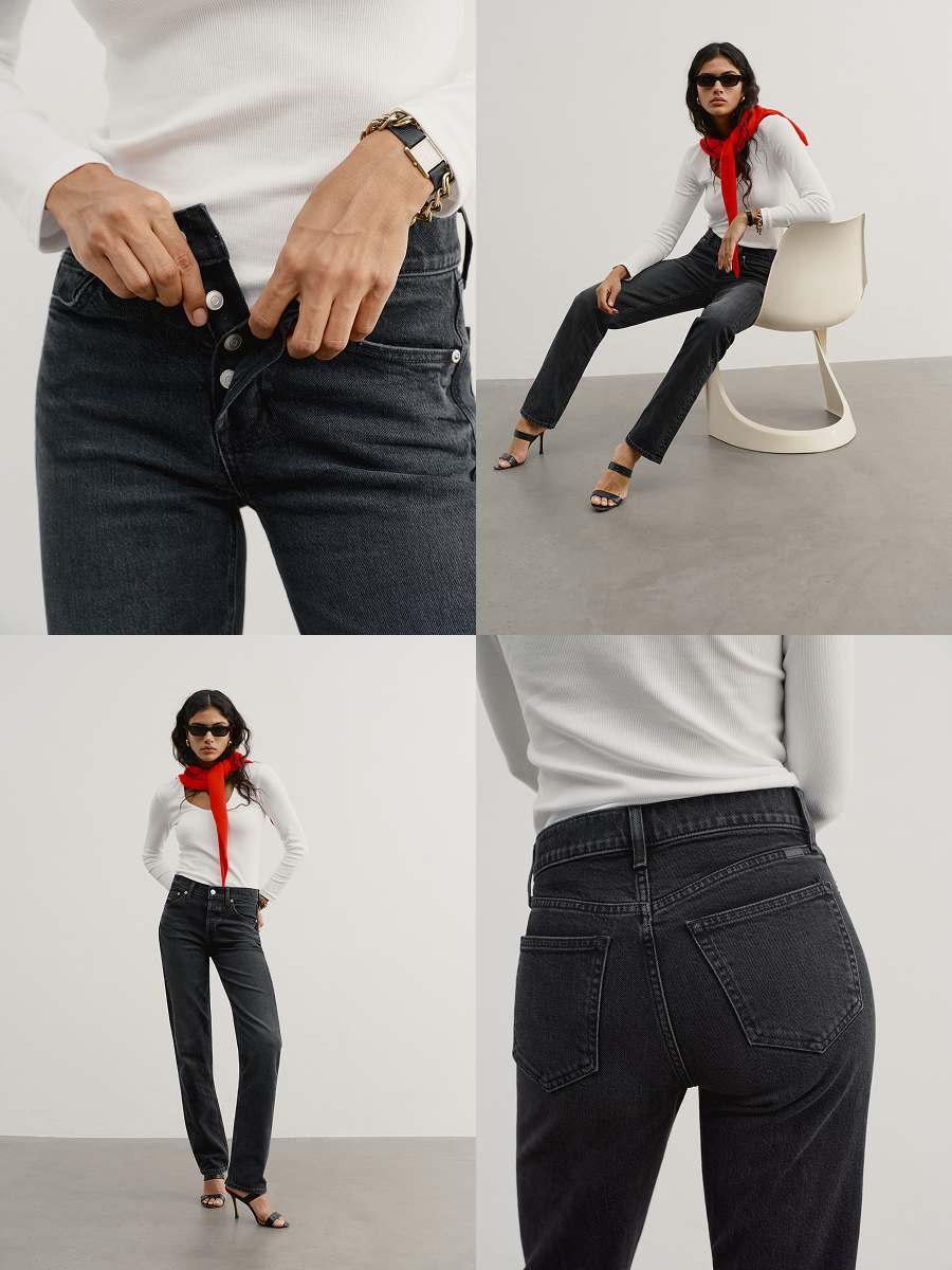 Shown in Moods.  Soft, mid-weight stretch denim with destructed edges.