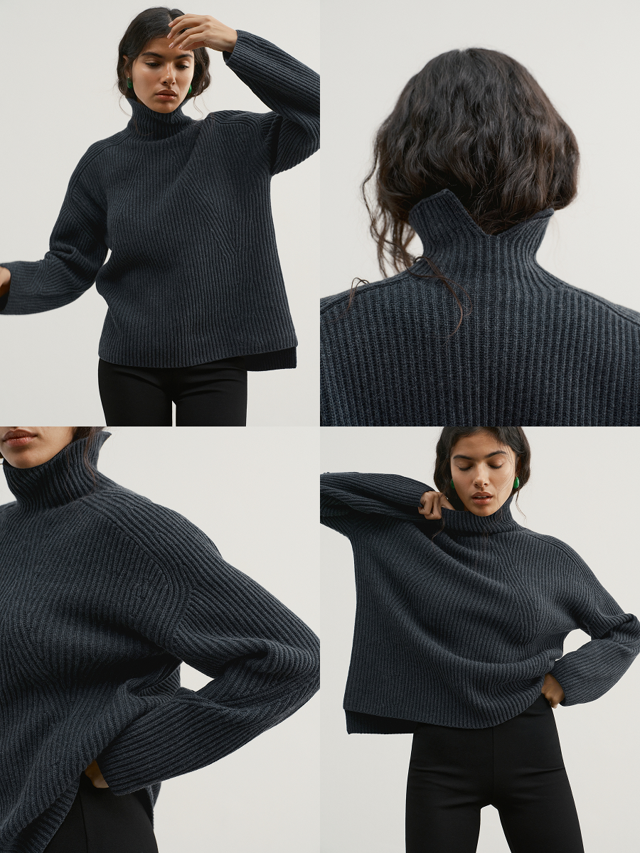 Notched-nape turtleneck. Great slouchy drape with a swingy hem.