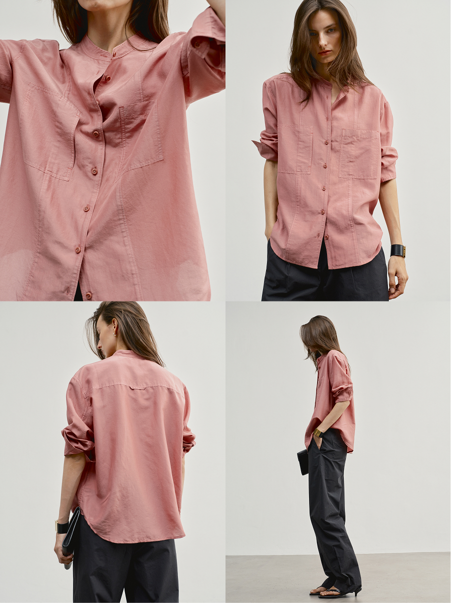 shown in terracotta. a collarless button-up shirt cut from light-as-air Floatie Silk™.