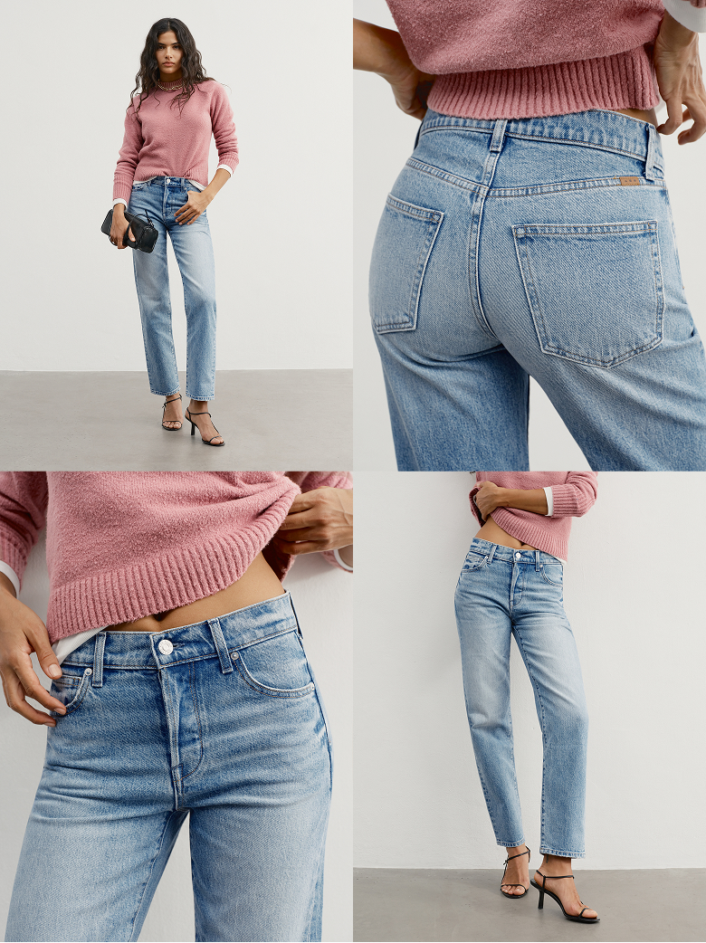 Feminine waist, button fly, tapered leg, excellent tush. 
