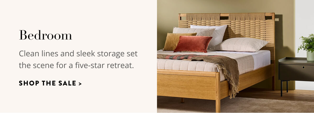 Bedroom: Clean lines and sleek storage set the scene for a five-star retreat. Shop the sale.
