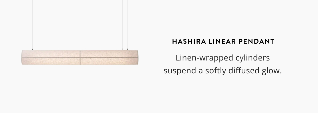 Hashira Linear Pendant: Linen-wrapped cylinders suspend a softly diffused glow.